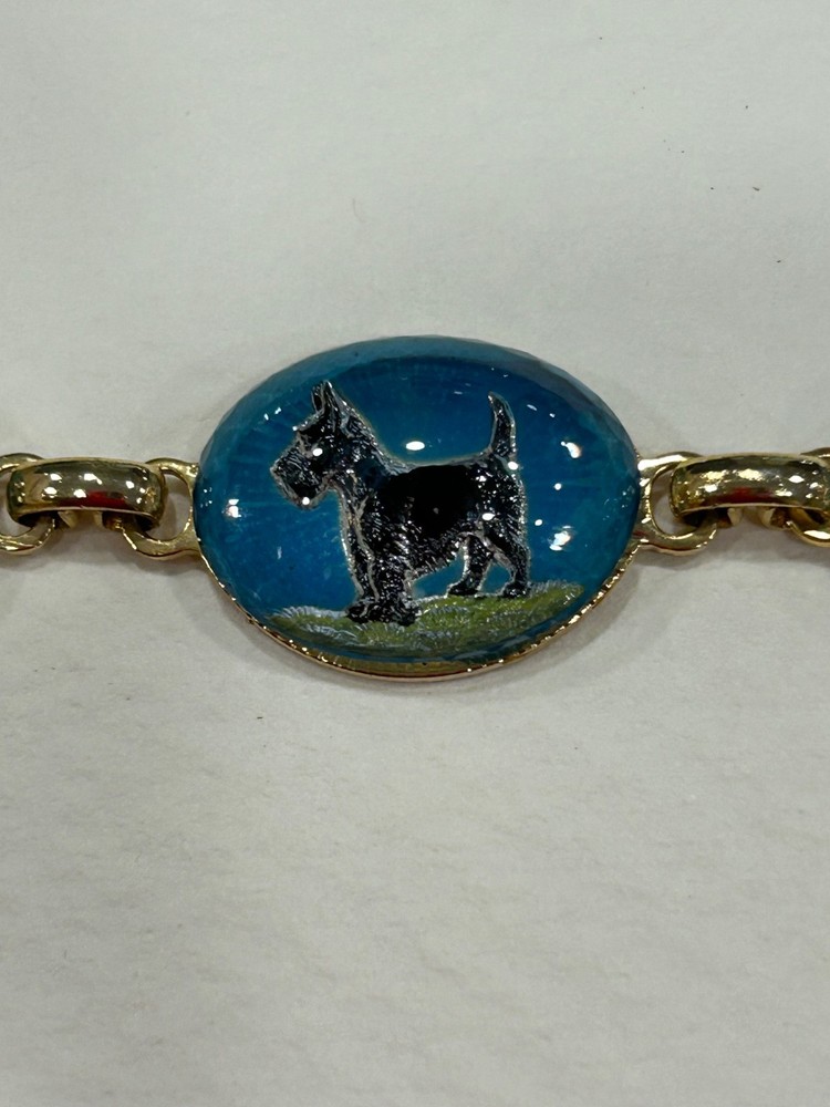 Vintage gold tone glass reversed painted Essex crystal dog bracelet 8 1/4”