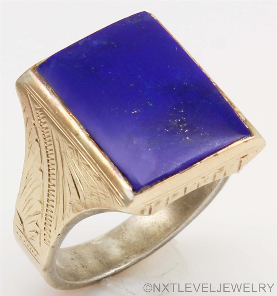 HEAVY 10.6 GRAM Antique Art Deco Natural Lapis Solid Silver & 14k Gold Mens Ring