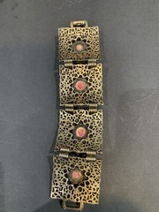 Vintage Wide Pink Cabochon Plastic Stone Ornate Bracelet