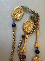 Vintage Egyptian Revival 46” Art Glass Bead & Hieroglyphic Tablets Necklace WOW!
