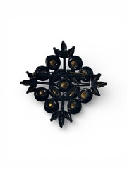 Vintage Signed Edlee Black Enamel Red Orange Rhinestone Brooch Pin