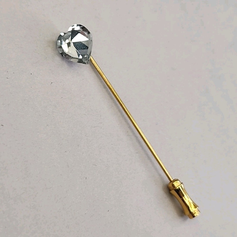 Antique Heart Stick Pin Clear Glass Stone Gold Filled Victorian