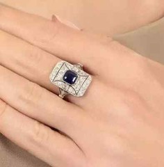 Art Deco Style Octagonal Sapphire & Lab Created Diamond 14k White Gold FN Ring