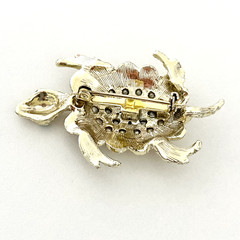 Vintage Pink Rhinestone Green Eyed Turtle Animal Gold Tone Brooch Pin