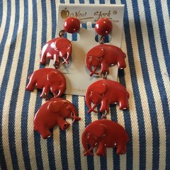 Vintage Enamel Metal RED 3” Long dangle Moto Boho Elephant Pierced Earrings NY