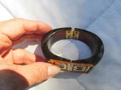 Vintage Lucite Clamper Bracelet GC Initials Brown 6.5″ Gold Plated Statement
