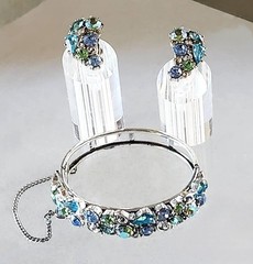 Lisner Vintage Rhinestone Bracelet & Earrings Blues Greens ABs Silver-Tone