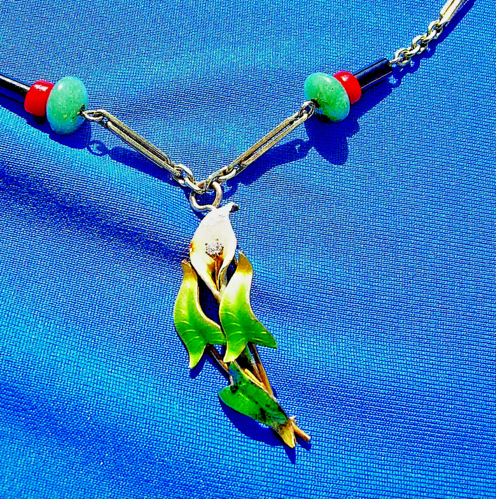 ORIGINAL Antique Deco Diamond Necklace Victorian Jade Onyx Coral Chain 14K GOLD