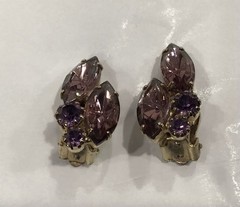 Vintage Purple Marquise and Round Rhinestone Brooch Pin and Earings Set