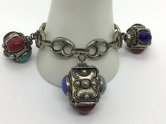MCM VTG Etruscan Mediterranean Silver 800? Charm Bracelet 54g 8.5″ Turquoise