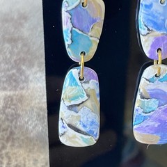 Rectangle Dangle Pierced Earrings Blue, Purple, White Swirl Glam MCM Gold Tone