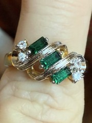 Vintage 14KT GE Emerald-Green Baguette & Clear Stone Cluster Ring Size 7 NOS
