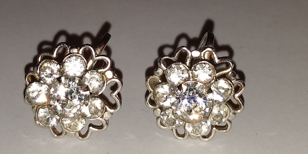 Vintage Silver Tone Rhinestone & Hearts Design Screw Back Earrings