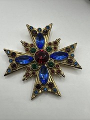 Amazing Vintage Byzantine Mogul Maltese Cross Pin Glass Emerald Ruby 2.5”
