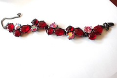 Vintage Signed Schiaparelli Bracelet Large Red & Pink Cabochon AB Crystals