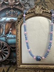 Crystal Glass Rose Necklace Faceted AB & Crackle Glass Beads Tagged By Maker