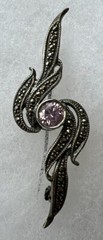 Vintage Pink Amethyst Markasite + .925 Sterling Silver Pin Brooch 2.25”