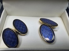 Blue Basketweave Enamel Yellow Gold Plated Cuff Links
