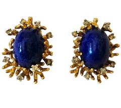 Vintage Panetta Brutalist Lapis Cabochon Crystal Textured Goldtone Clip Earrings