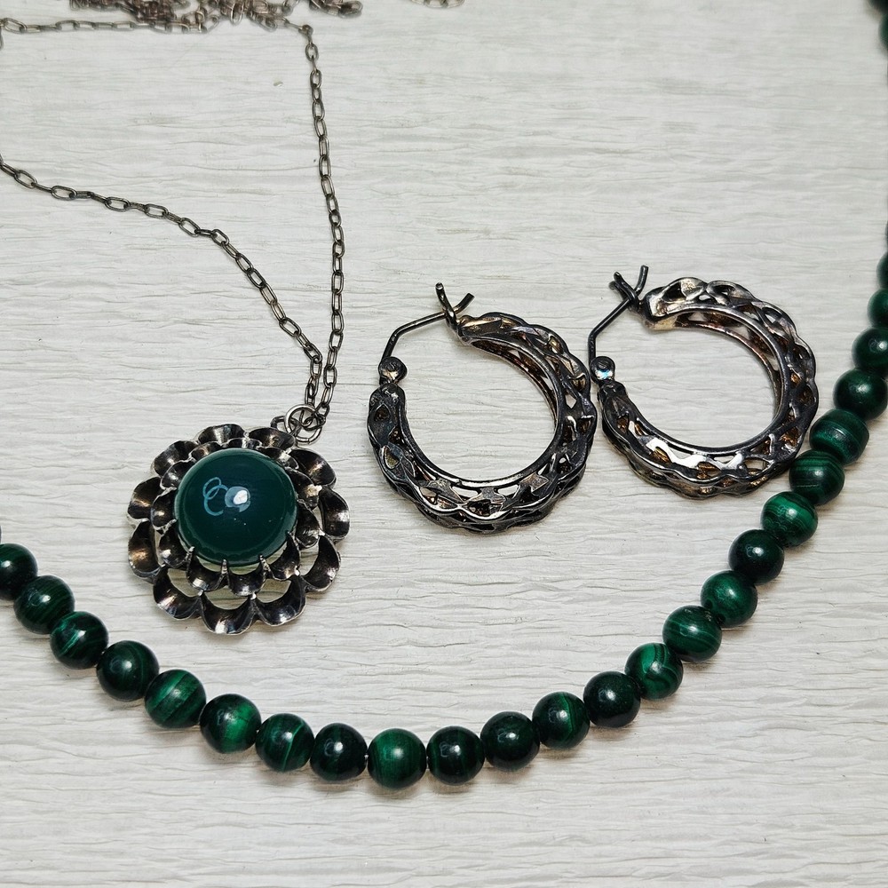 925 Sterling Malachite Necklace Green Pendant Ornate Hoop Earrings