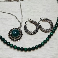 925 Sterling Malachite Necklace Green Pendant Ornate Hoop Earrings