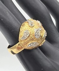 Vintage Gold Tone Dome Ring Textured Metal Teardrop Rhinestone Accents Statement