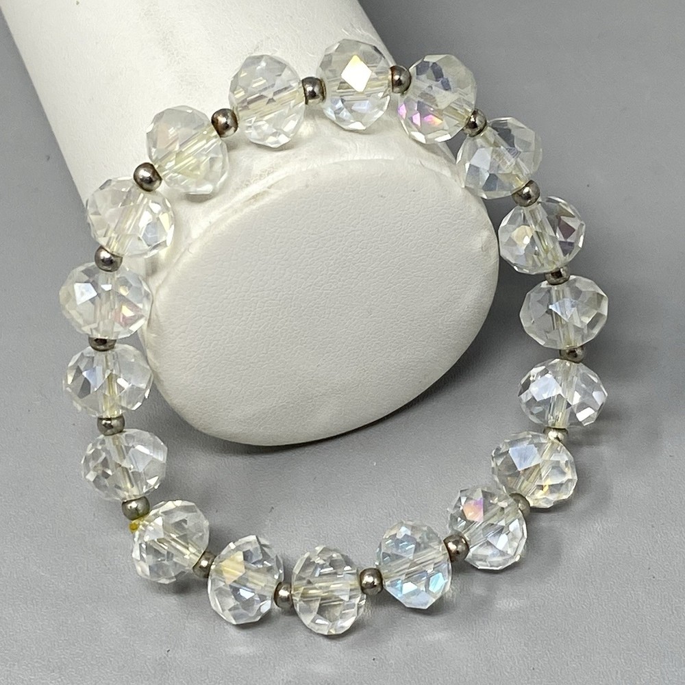 Vintage Aurora Borealis Crystal Glass Beaded Bracelet Stretch Faceted 6″