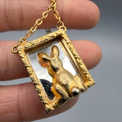Vintage JJ Rabbit Looking In The Mirror Gold Tone Necklace Easter Spring 16″