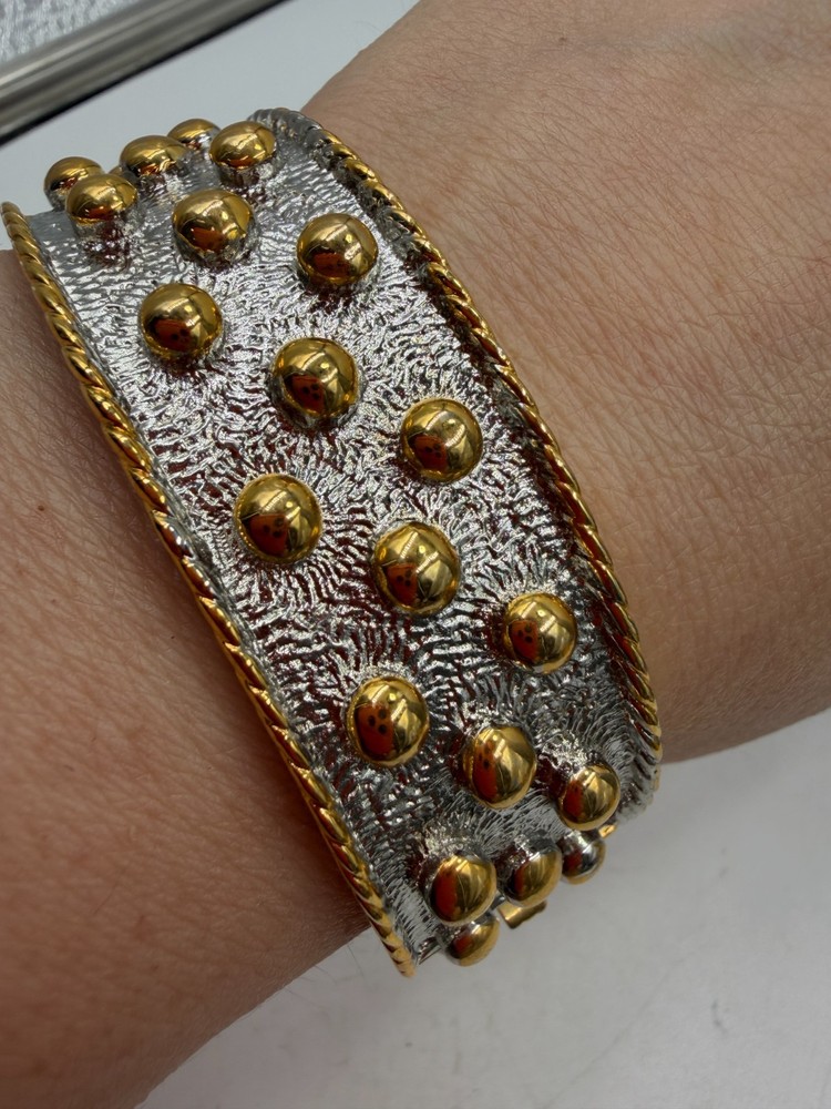 Vintage Bracelet Cuff Wide Studded Mixed Metal Two 80s 90s Chunky 6.5 in