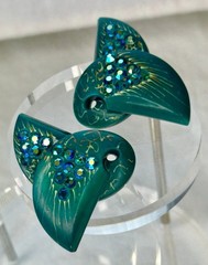 Vintage Carved Mermaid/Fishtails Earrings. Art Deco Rhinestone Accent. Clip On
