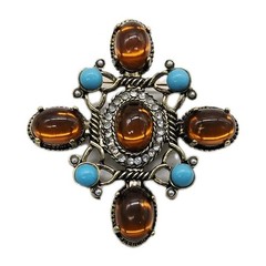 Gripoix Maltese Cross Brooch Pin Amber Blue Gold tone Statement Cabochon 2.25 in