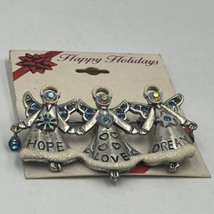 Vintage Silver Tone Three Angels Brooch Pin Hope Love Dream Blue Crystal Enamel