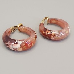 Vintage Hoop Clip On Earrings Speckled Acrylic Brown 1″