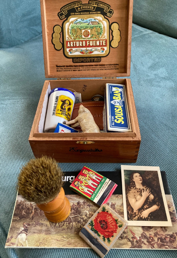 Vntg. Junk Drawer Lot Cigar Box Bakelite Brush,Flask,Pep Boy’s Matches Spoons —
