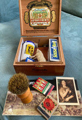 Vntg. Junk Drawer Lot Cigar Box Bakelite Brush,Flask,Pep Boy’s Matches Spoons —