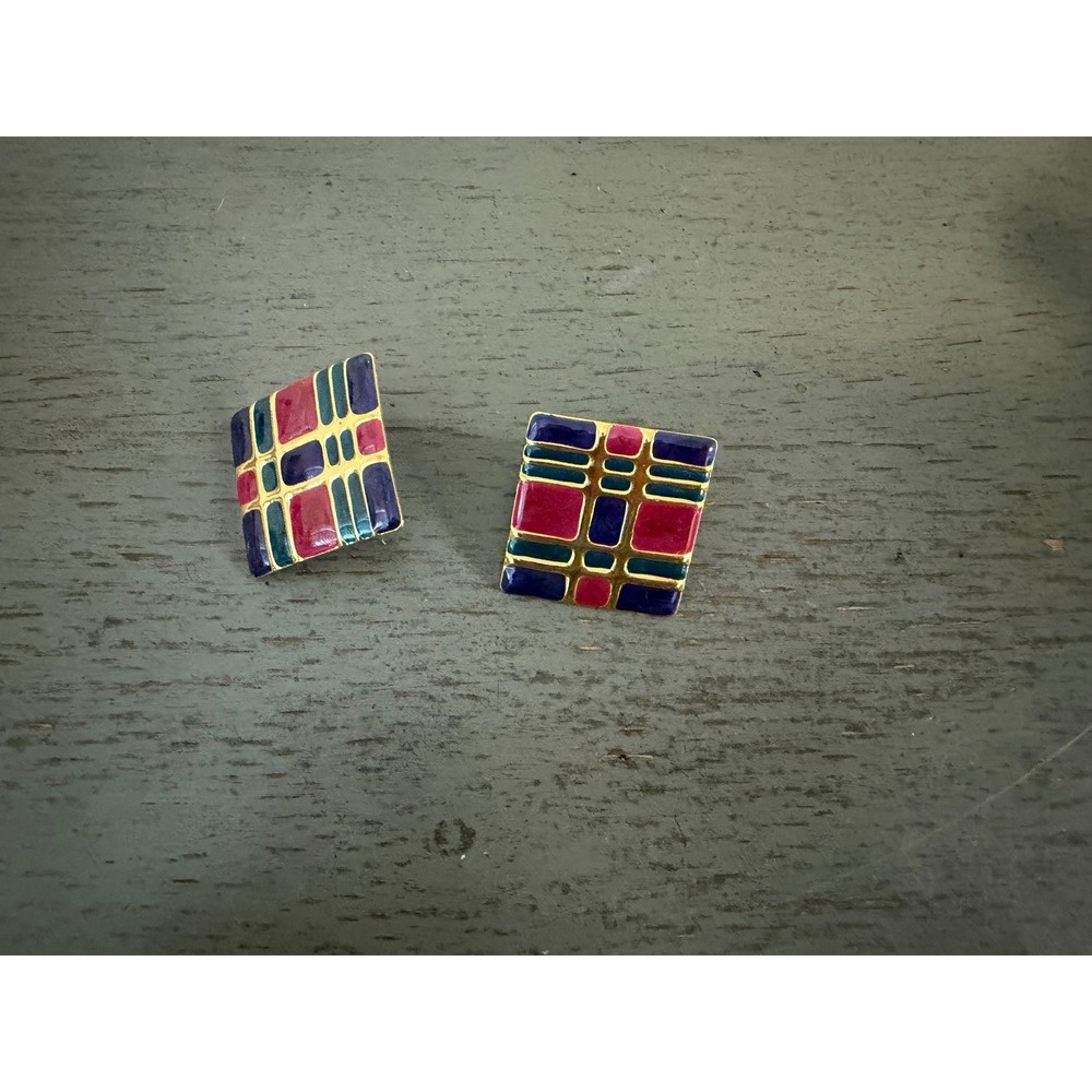 Vintage Enamel Plaid Stud Earrings Gold Tone Geometric Burgundy Navy Green