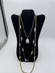 Vintage 9 Necklaces Faux Pearl Rhinestone Bead Gold Tone Wearable Or Sell