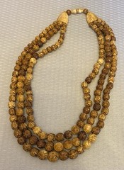 Antique Asian Hand Carved Lotus Bead Necklace Triple Tiered Dyed Bovine Bone