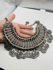 Vintage Silver Tone Boho Ethnic Tribal Coin Coachella Fringe Statement Necklace