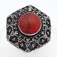 Vintage 5.50ctw Red Coral Cabochon Silver Ring Size 8