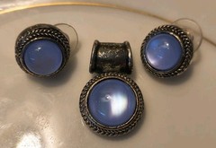 Vintage Pastel Blue Moonglow Lucite Pendant and Earring Trio Set Silver Tone