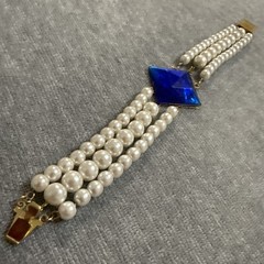 VTG 3 Strand Golden Faux Pearls Art Deco Style Blue Rhinestone Classic Elegant