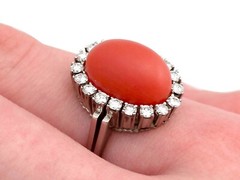 7.36 Ct Red Coral 0.80 Ct Diamond 18k White Gold Cocktail Ring Circa 1970
