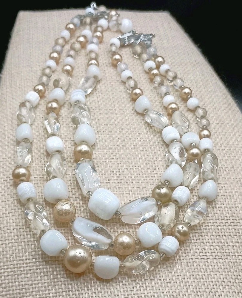 Vintage Japan Multi Strand Beaded Necklace Milk Glass Clear Champagne Pearl READ