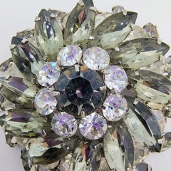 Vintage Smoky Gray Rhinestone Flower Burst Brooch Hollywood Regency Glamour