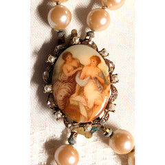 Vintage Nude Maidens Brooch & Clip Earrings Champagne Faux Pearl Necklace