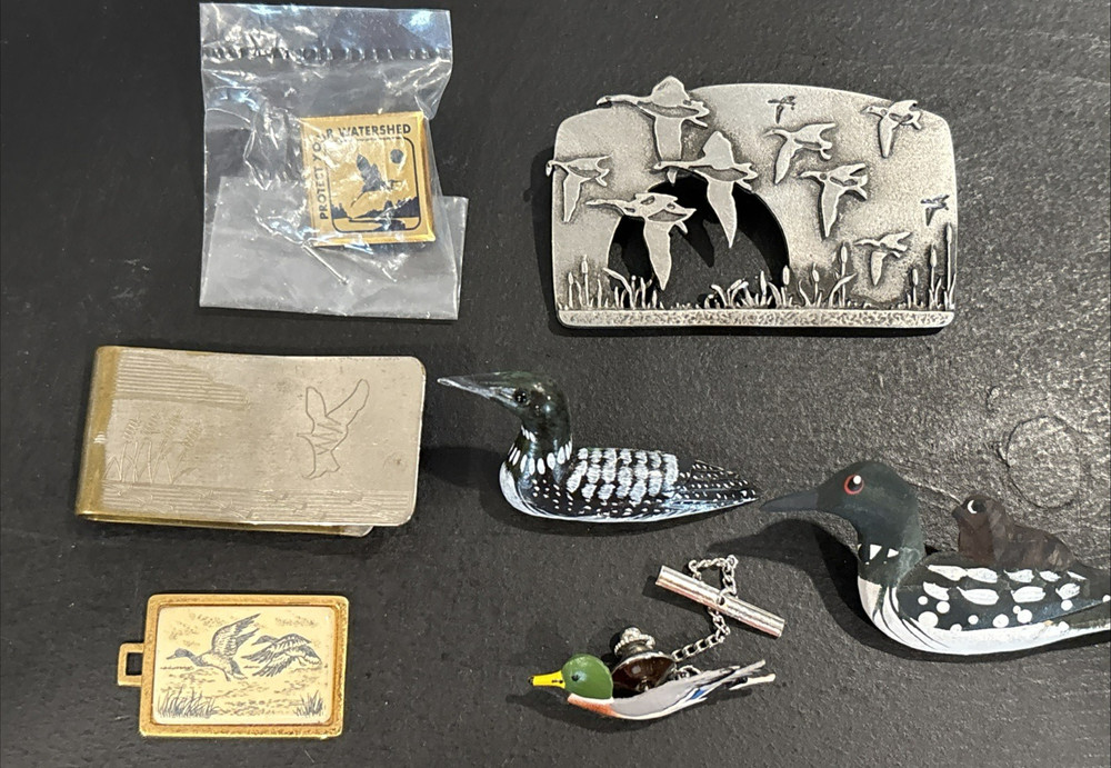 Lot 7 Duck Themed Jewelry Wood Pins 1 Leather Money Clip JJ Pin Faux Scrimshaw