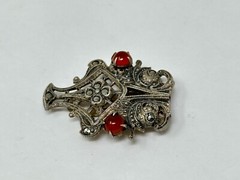 Vintage Sterling Silver Marcasite Carnelian Cabochon Hinged Dress Fur Clip 5.49g