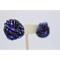 Vintage Beaded Earrings Knot Purple Navy Metallic Multi-Color Post 1980s BinAF