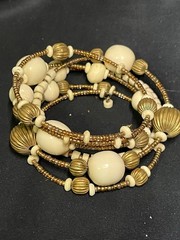 VINTAGE 1950’s Midcentury Beaded Memory Wire Wrap Bracelets Off White & Gold
